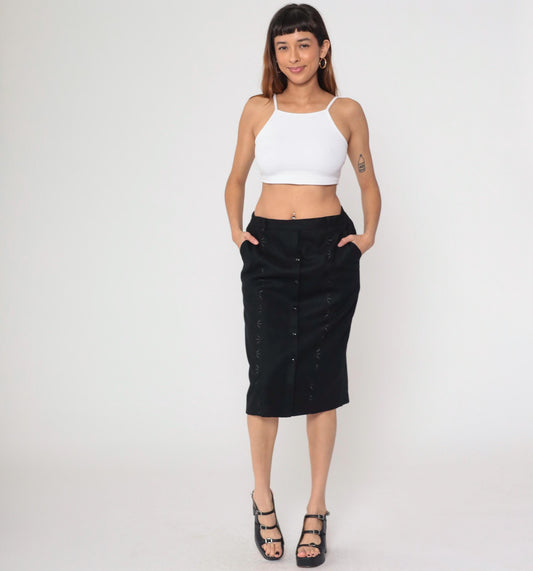 90s Black Floral Embroidered Button-Up Pencil Skirt Knee Length Medium