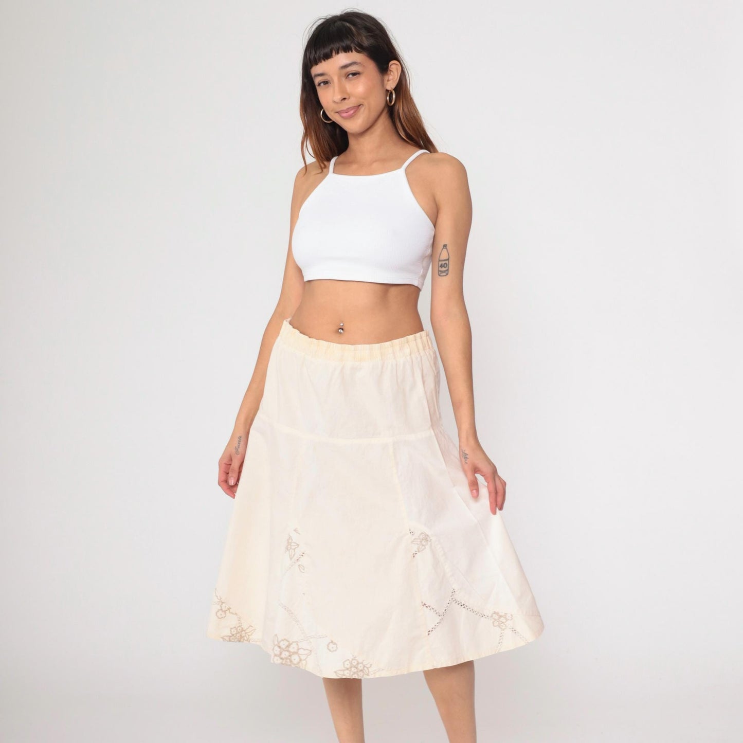00s Floral Embroidered Cream A-Line Midi Skirt Elastic Waist Large L