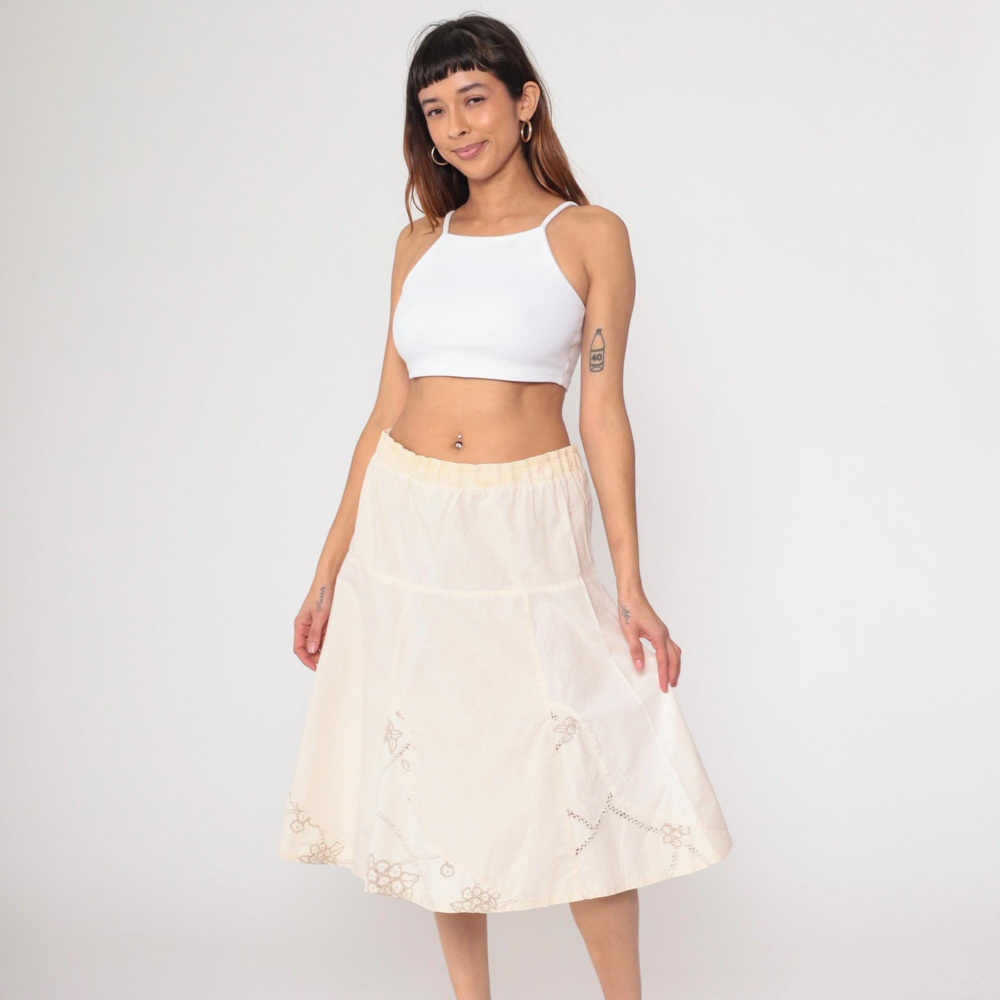 00s Floral Embroidered Cream A-Line Midi Skirt Elastic Waist Large L