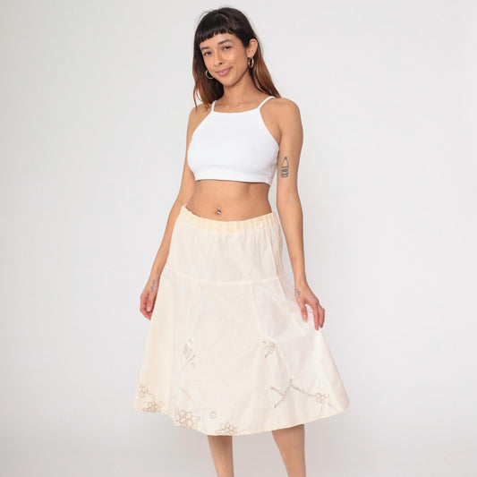 00s Floral Embroidered Cream A-Line Midi Skirt Elastic Waist Large L