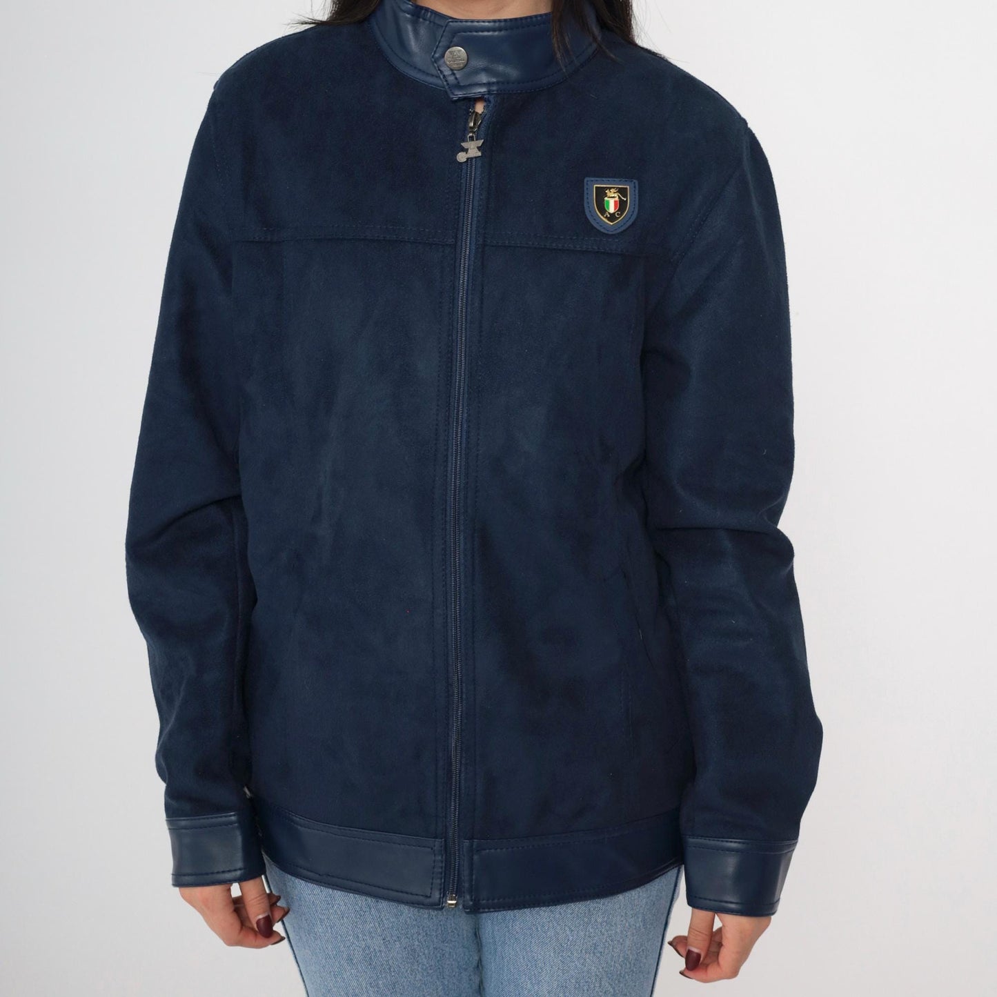 90s Collezioni Italia Faux Suede Jacket Navy Crest Logo Zip Moto Small