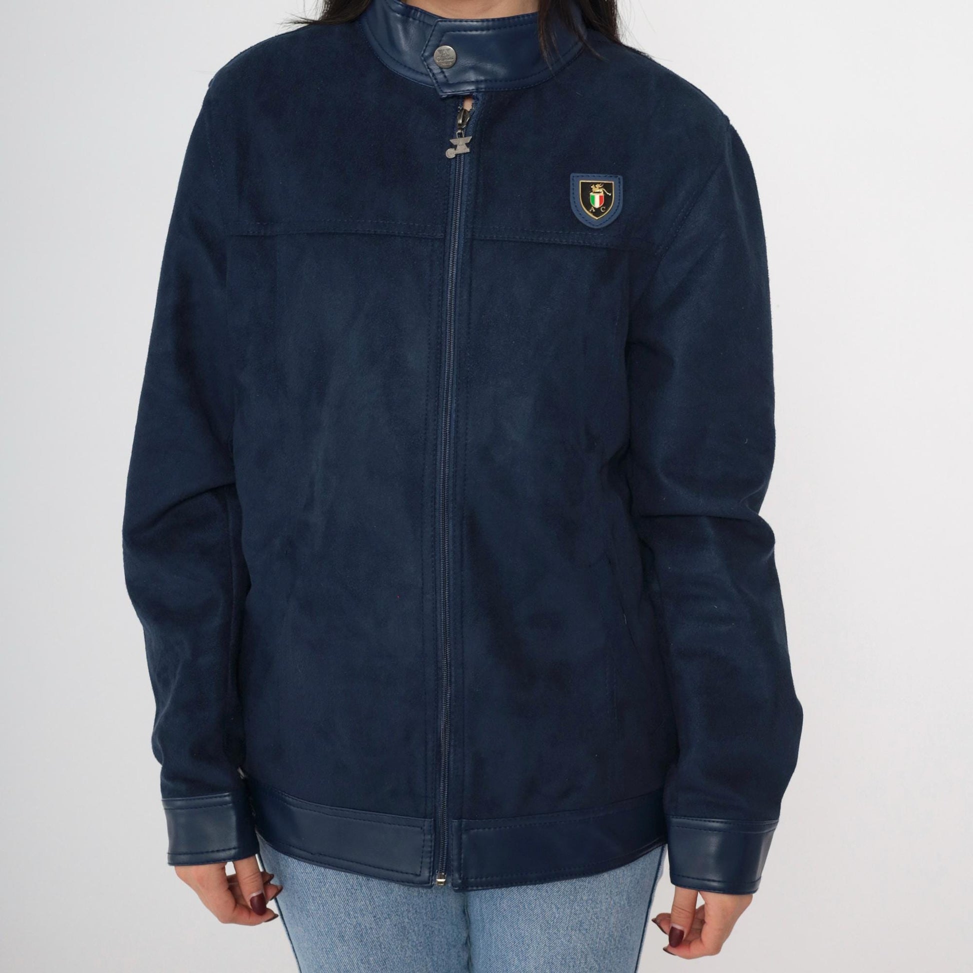 90s Collezioni Italia Faux Suede Jacket Navy Crest Logo Zip Moto Small