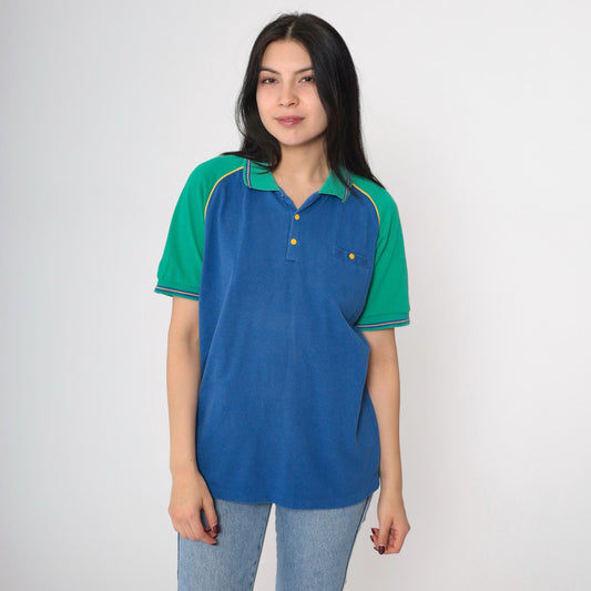 80s Bugle Boy Polo Shirt Colorblock Blue Green Raglan Medium