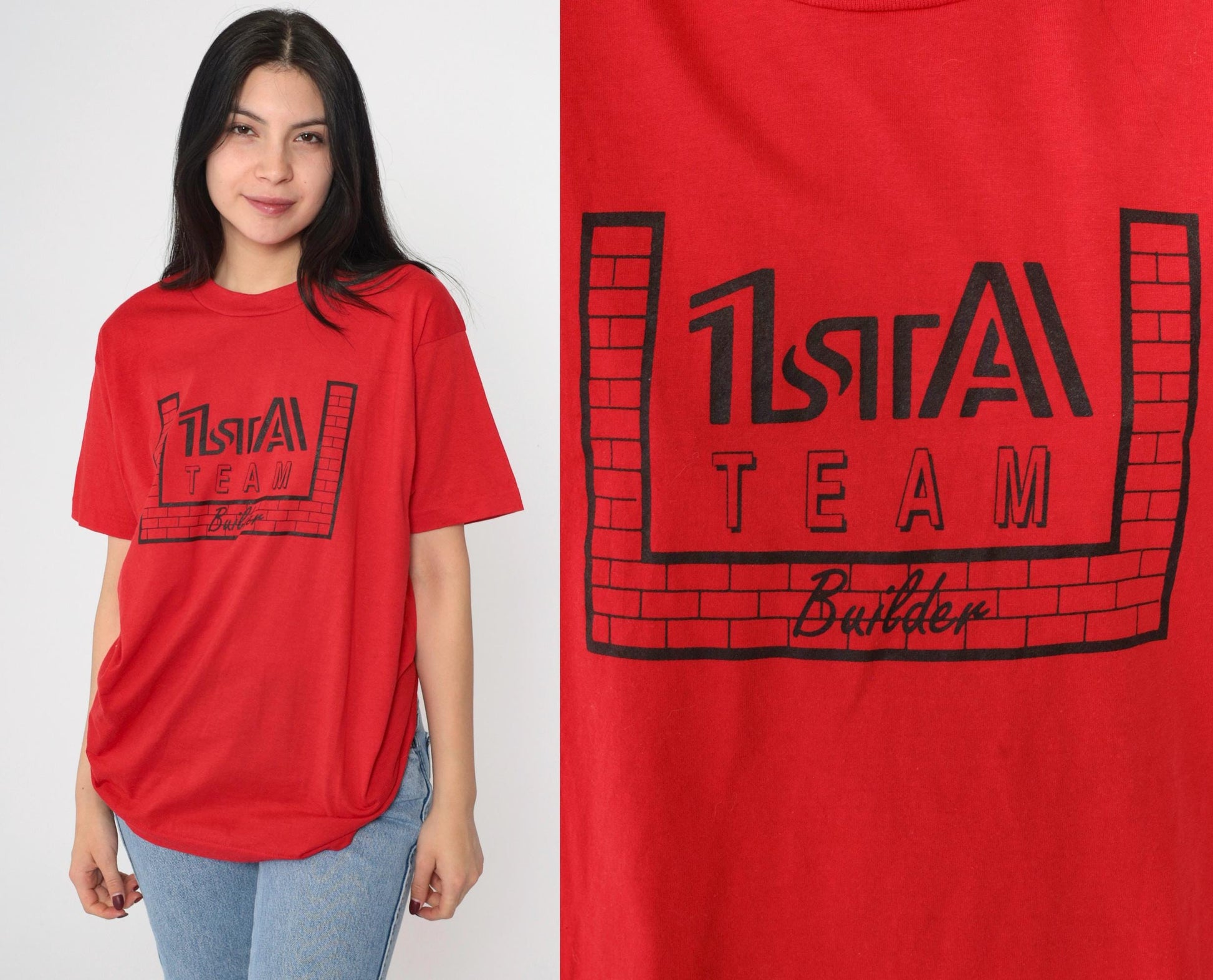 90s Screen Stars 1st A Team Builder T-Shirt Red Graphic Crewneck Extra Large XL