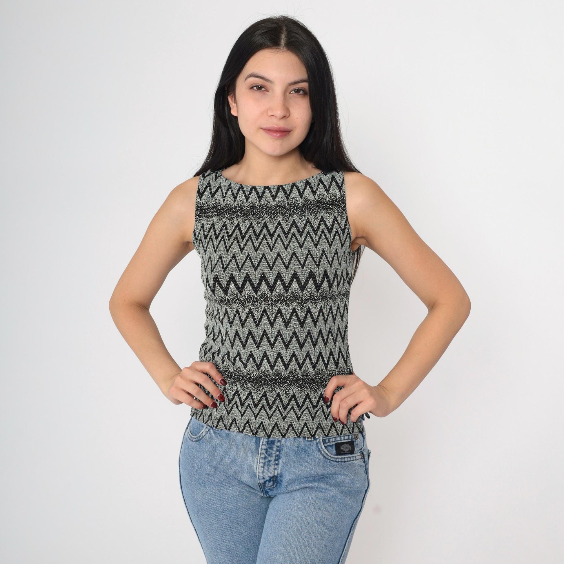 90s A. Byer Black White Chevron Metallic Tank Top Small