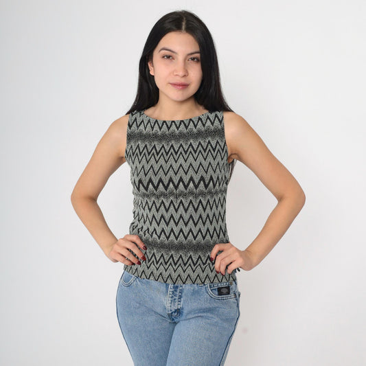 90s A. Byer Black White Chevron Metallic Tank Top Small