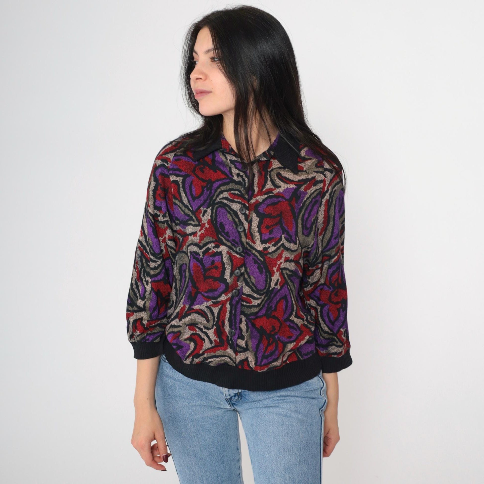 90s Abstract Floral Rayon Button Up Blouse Black 3/4 Sleeve Small S