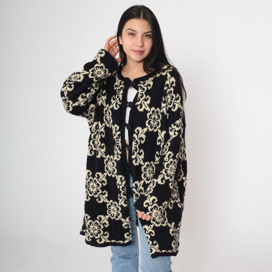 80s Floral Cardigan Longline Button-Up Knit Sweater Cream Black Extra Large