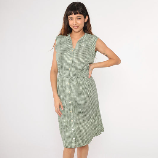 70s Green White Checkered Midi Dress High Waist Sleeveless Button Up Small Medium
