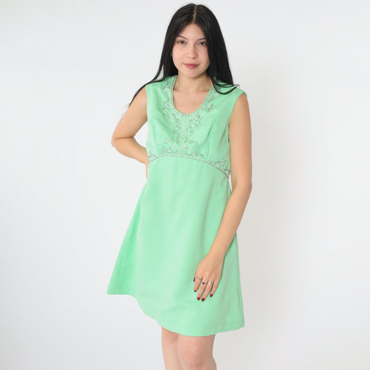 60s Mint Green Beaded Empire Waist Mini Dress Rhinestone Scoop Neck Medium