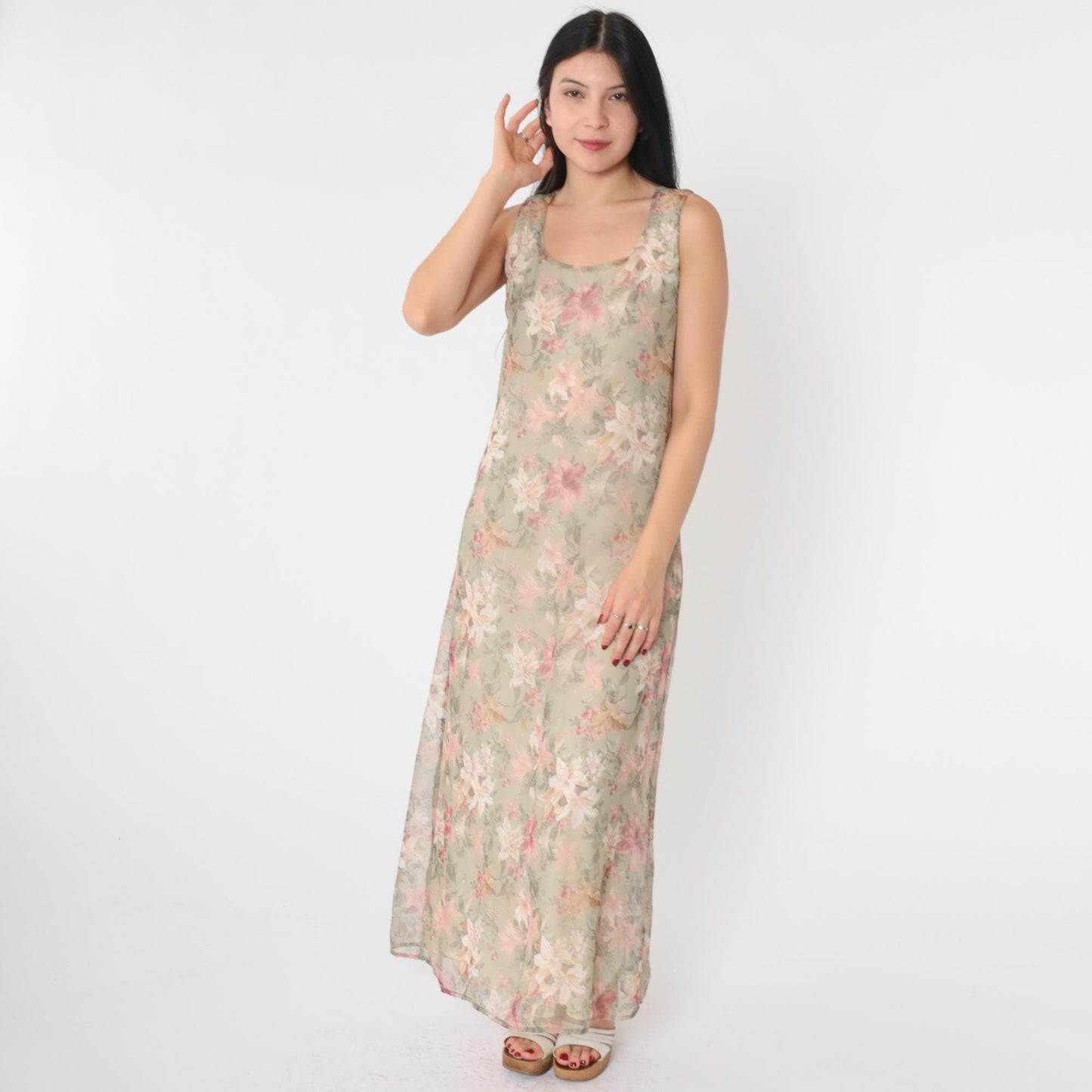90s Floral Lily Maxi Sundress Soft Green Pink Sleeveless Scoop Neck Small