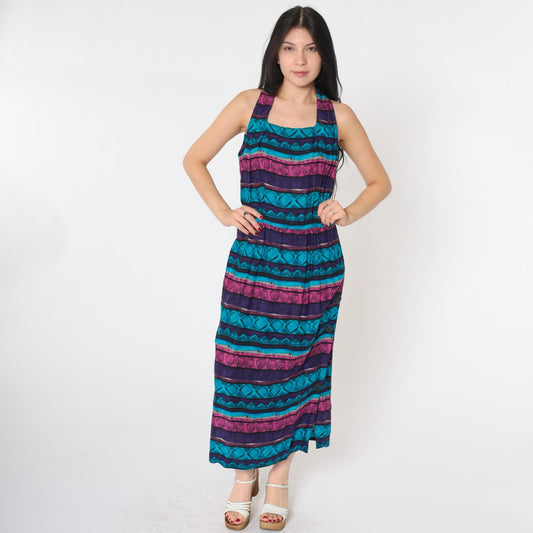 90s Geometric Midi Dress Racerback Sleeveless Blue Purple Pink Medium