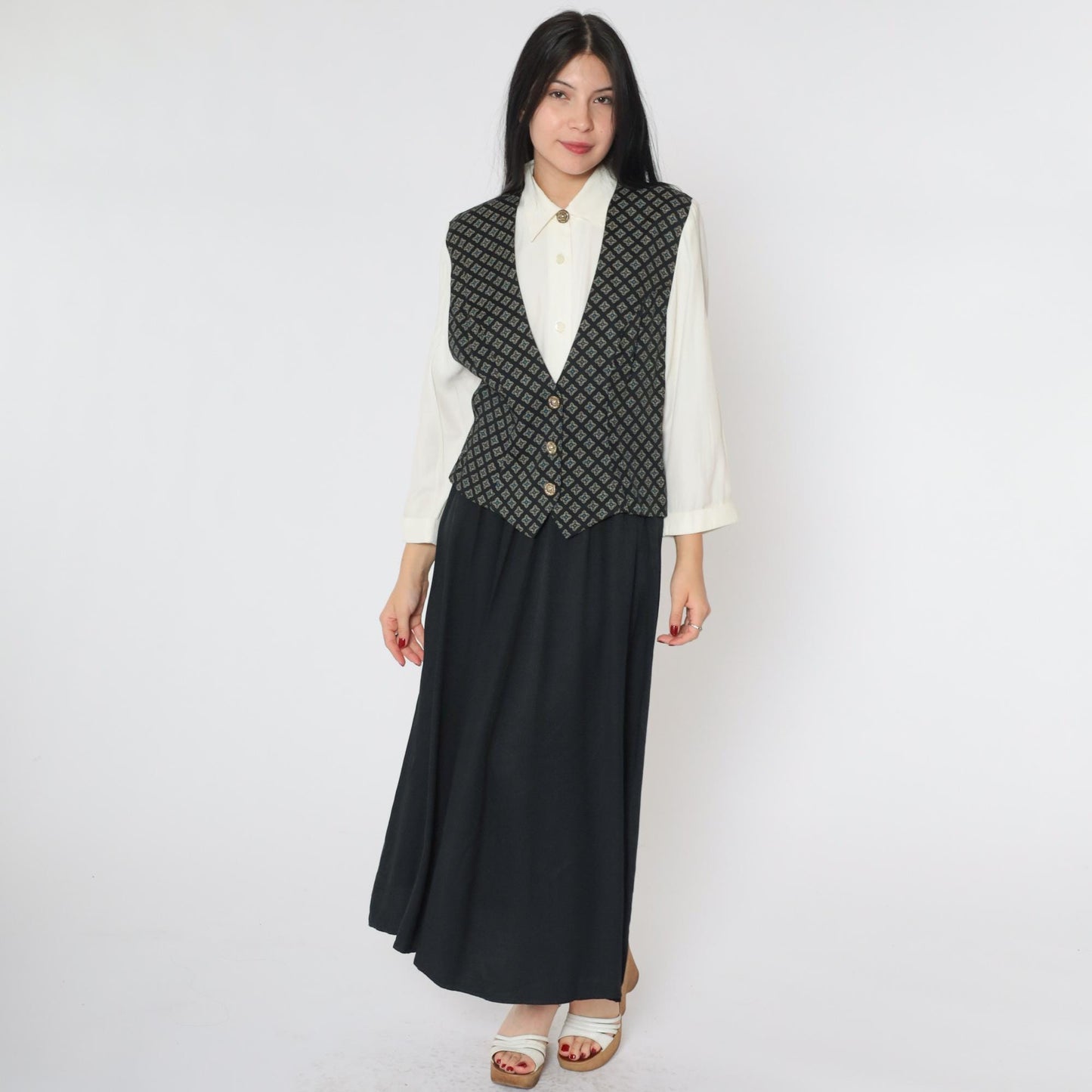 90s S.L. Fashions Maxi Dress Attached Geometric Vest White Black Button Front Small