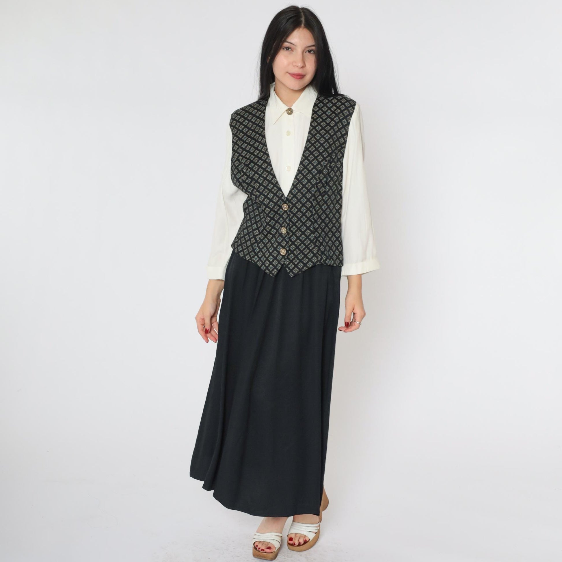 90s S.L. Fashions Maxi Dress Attached Geometric Vest White Black Button Front Small