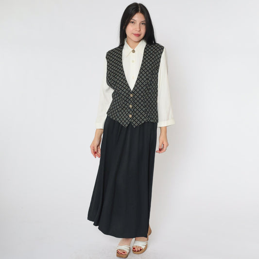90s S.L. Fashions Maxi Dress Attached Geometric Vest White Black Button Front Small