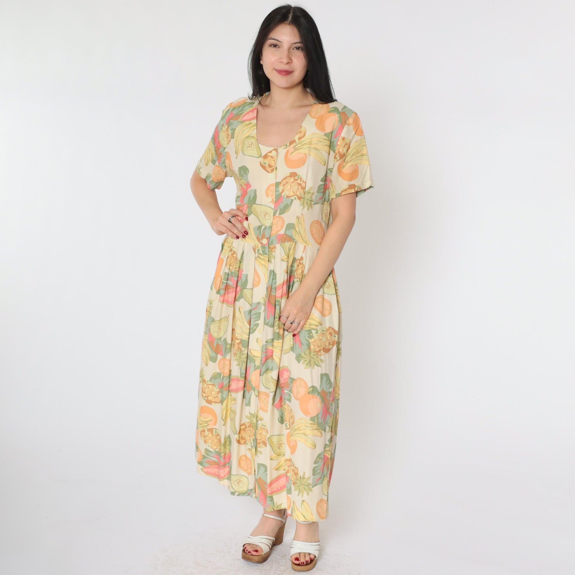 90s Tropical Fruit Print Button-Up Shirtdress Midi Cream Rayon Medium