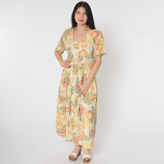 90s Tropical Fruit Print Button-Up Shirtdress Midi Cream Rayon Medium