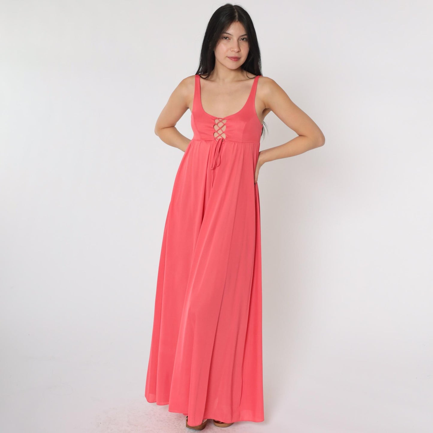70s Coral Pink Lace-Up Slip Dress Maxi Empire Waist Scoop Neck Extra Small