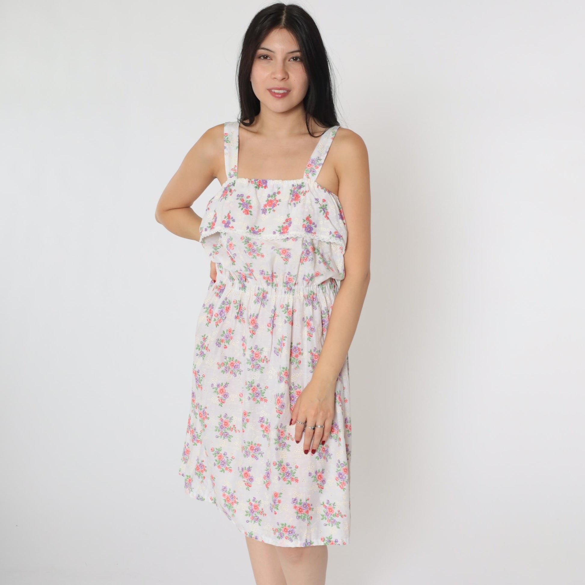 70s White Floral Midi Sun Dress High Elastic Waist Tank Straps Small Medium