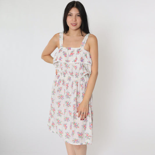 70s White Floral Midi Sun Dress High Elastic Waist Tank Straps Small Medium