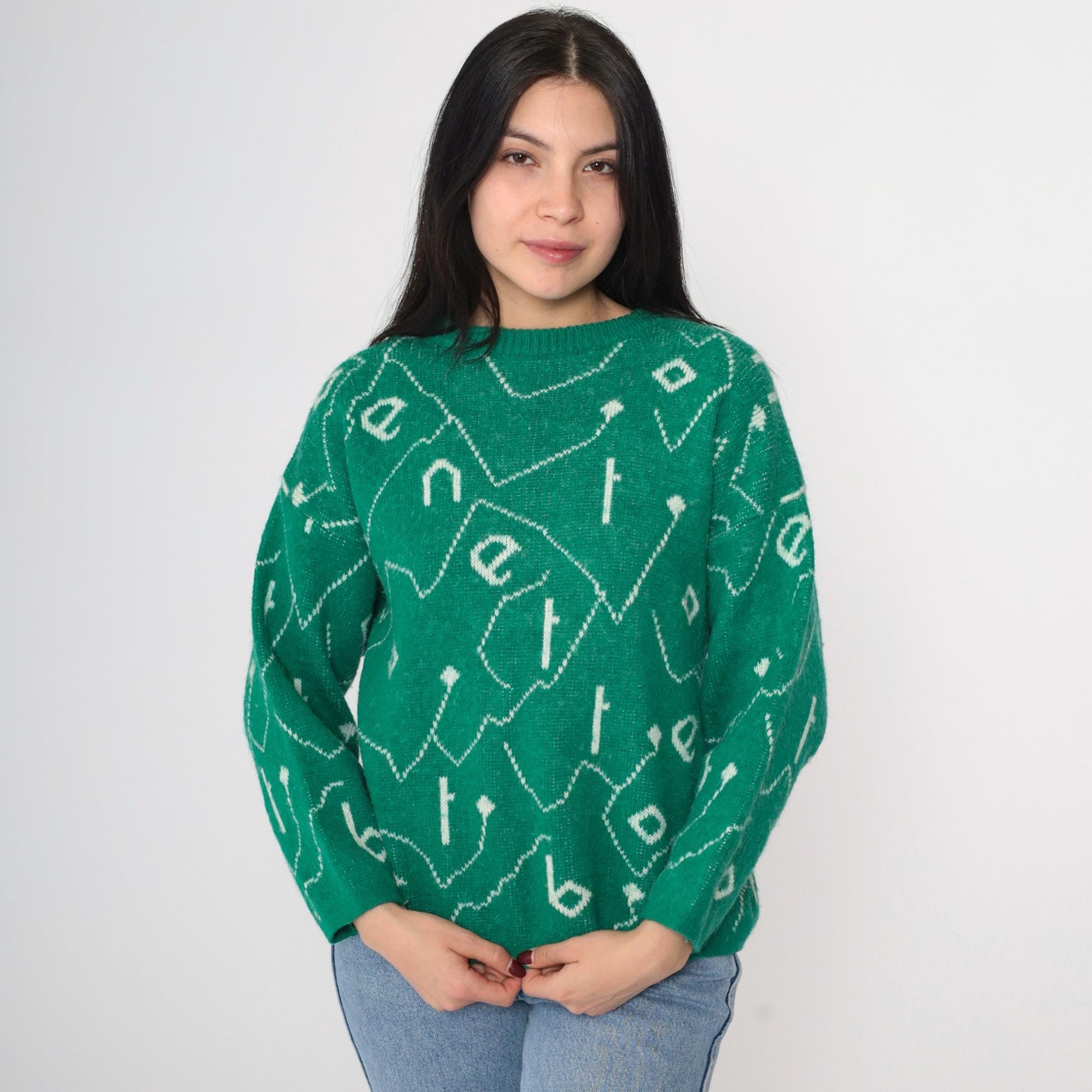 80s Benetton Wool Blend Sweater Green Spellout Graphic Crewneck Small