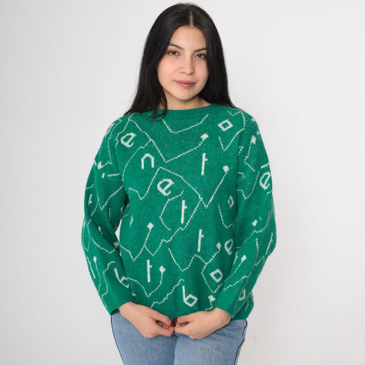 80s Benetton Wool Blend Sweater Green Spellout Graphic Crewneck Small