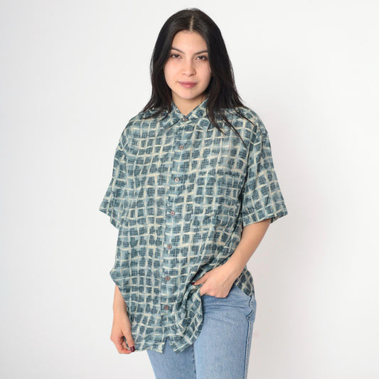 90s Robert Stock Silk Shirt Blue Geometric Print Button Up Small