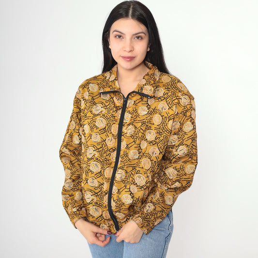 90s Kiku Silk Windbreaker Mustard Yellow Asian Symbol Zip Jacket Small