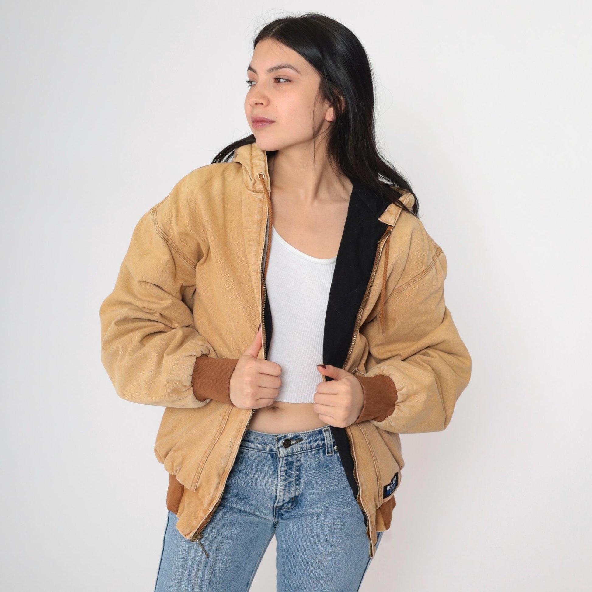 Y2K Walls Blizzard Pruf Hooded Work Jacket Tan Cargo Utility Large