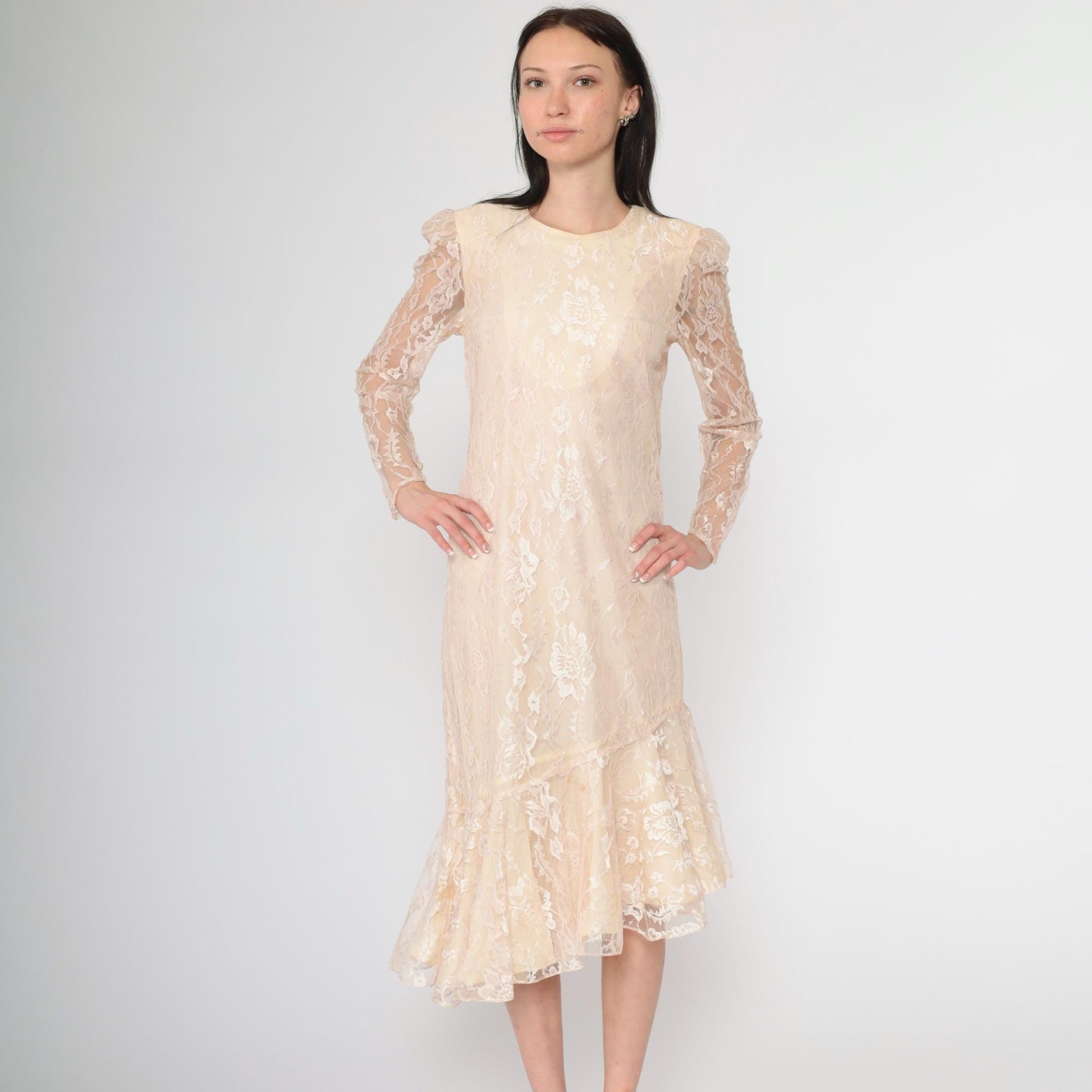 80s Peach Lace Puff Sleeve Dress Keyhole Back Mermaid Hem Small