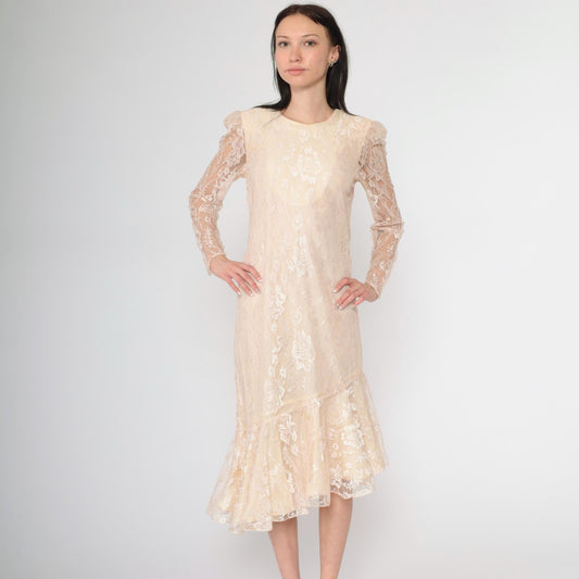 80s Peach Lace Puff Sleeve Dress Keyhole Back Mermaid Hem Small