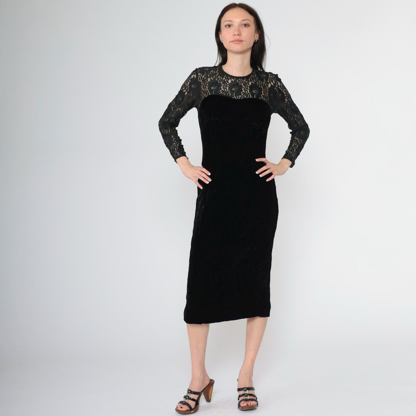 80s Depeche Black Velvet Midi Dress Lace Sleeves Sweetheart Neckline Small