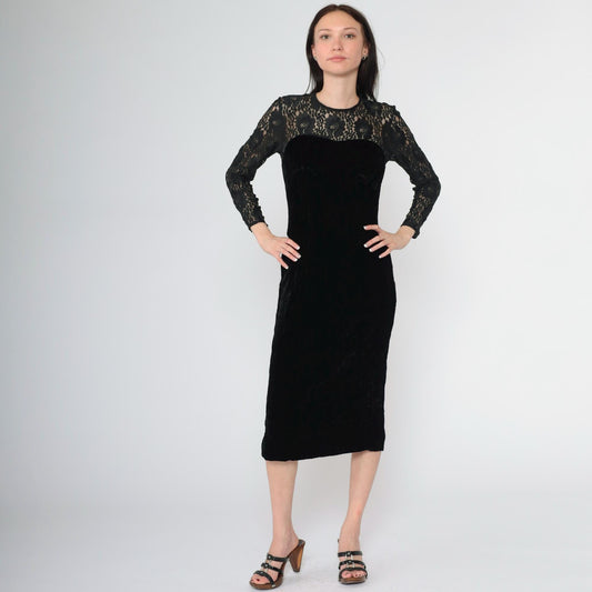 80s Depeche Black Velvet Midi Dress Lace Sleeves Sweetheart Neckline Small
