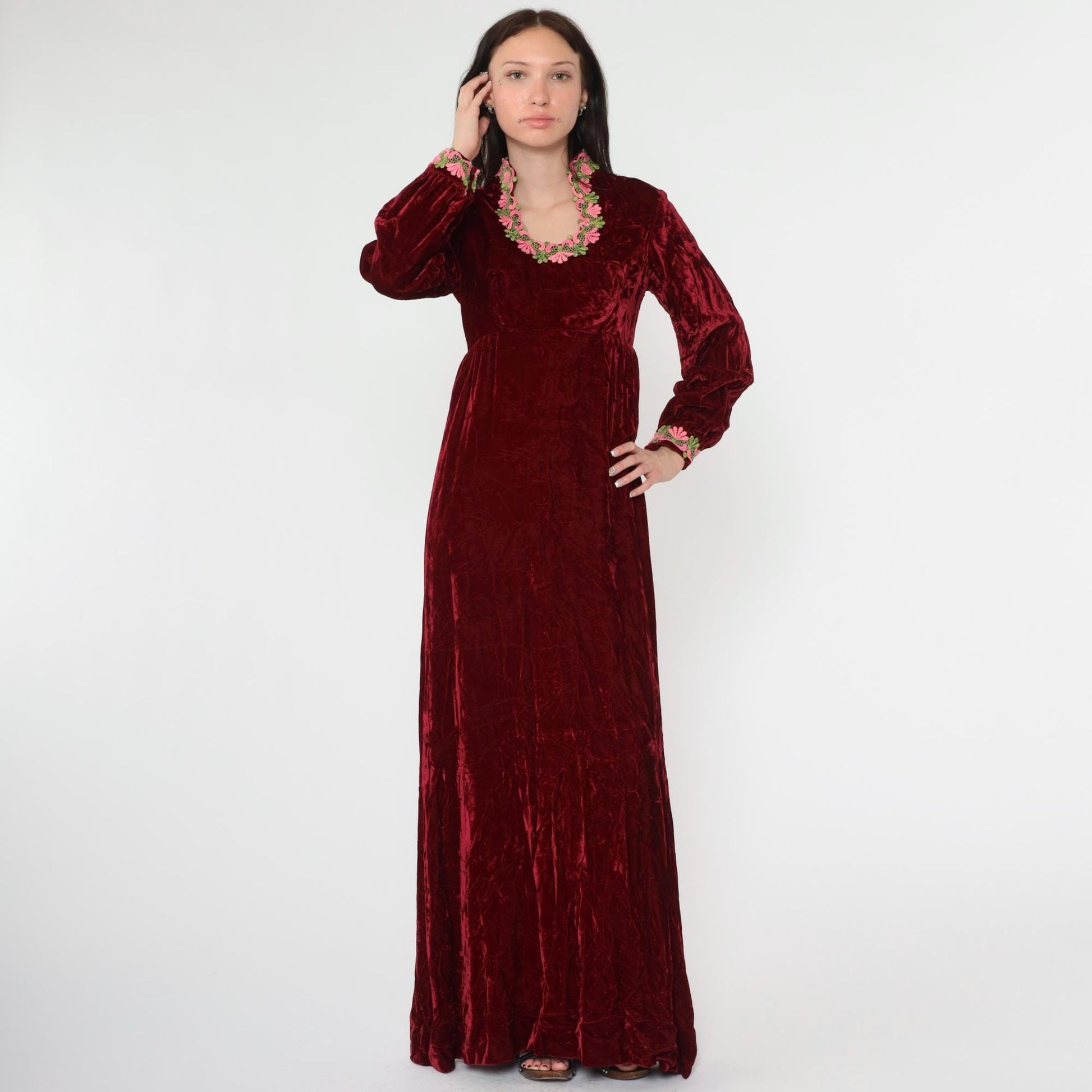 70s Red Velvet Maxi Dress Empire Waist Lace Long Sleeve Small