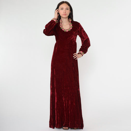 70s Red Velvet Maxi Dress Empire Waist Lace Long Sleeve Small