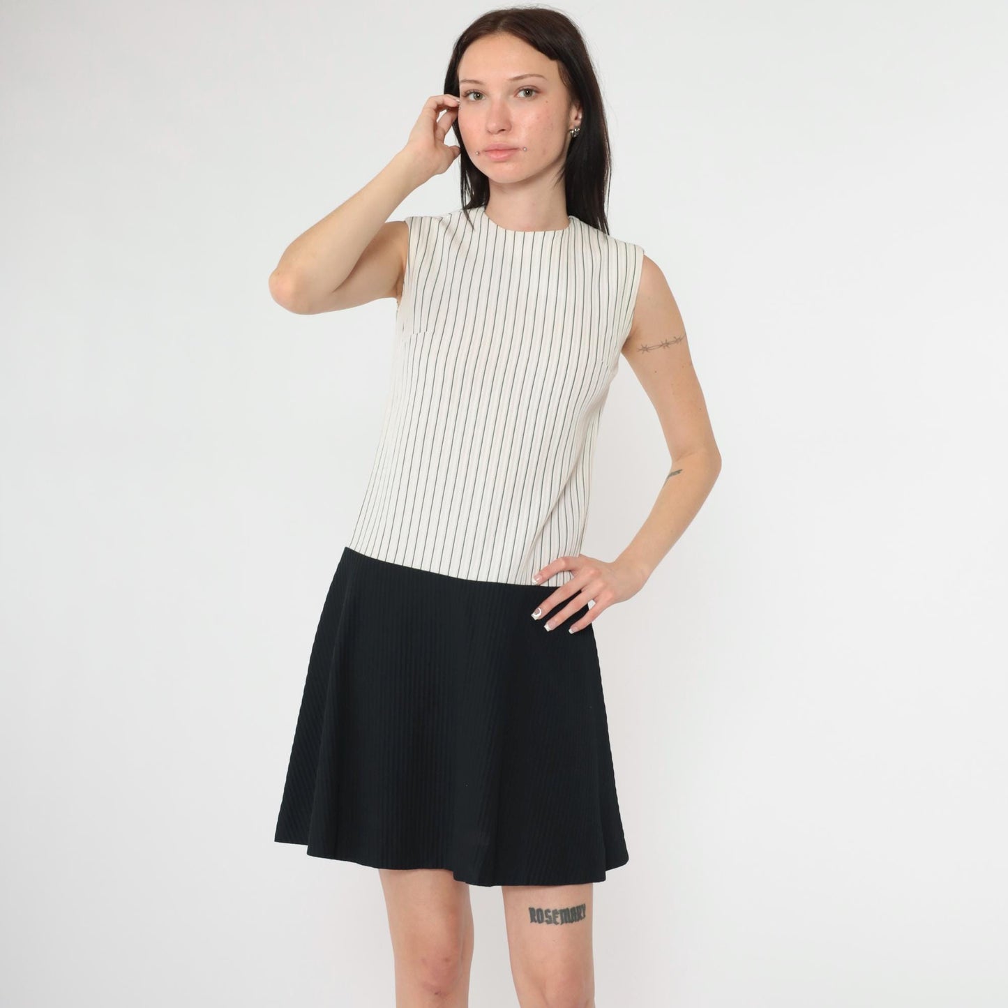 60s Mod Shift Dress Black White Striped Mini Drop Waist Sleeveless Extra Small