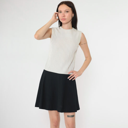60s Mod Shift Dress Black White Striped Mini Drop Waist Sleeveless Extra Small