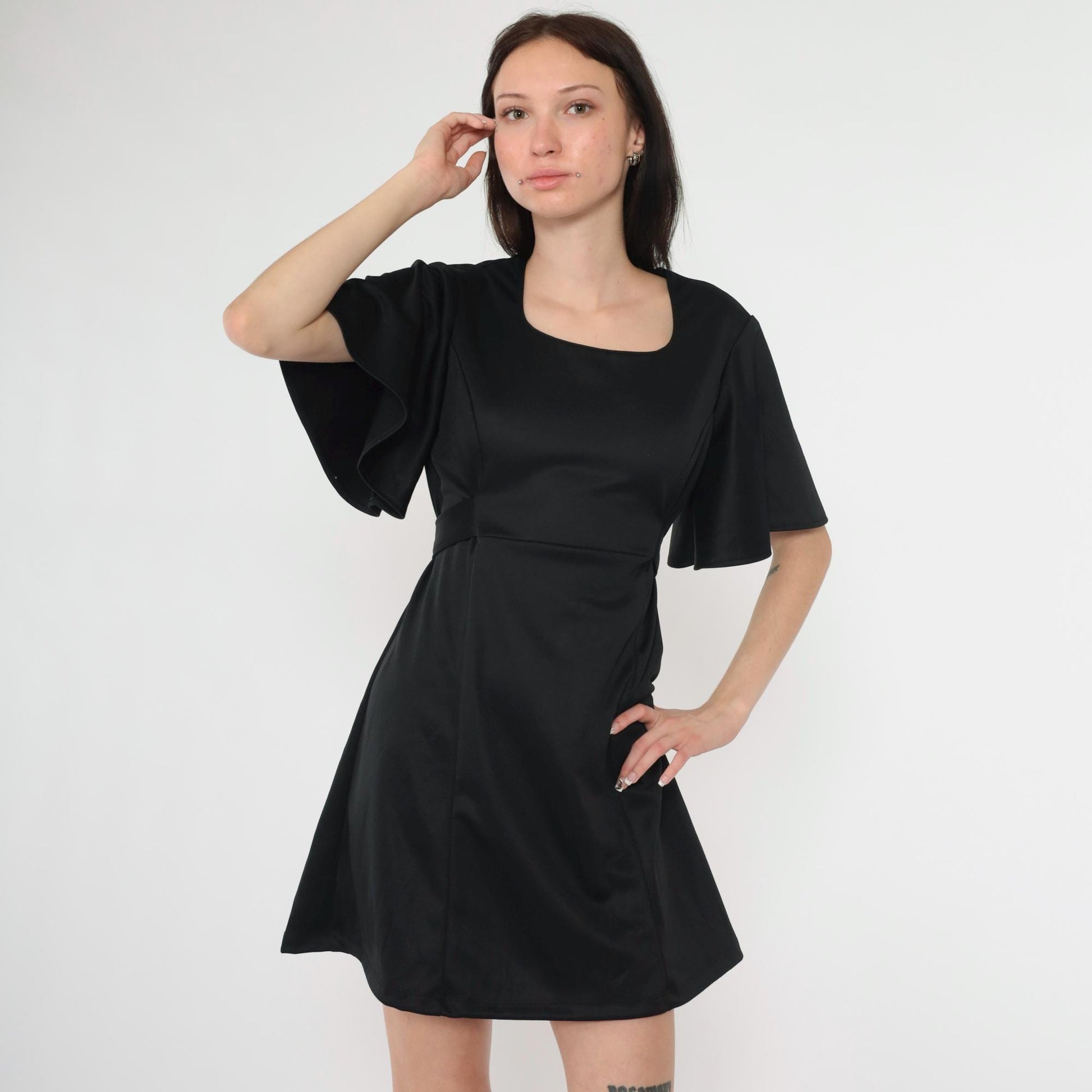 Y2K Black Babydoll Mini Dress Flutter Sleeve Empire Waist Small 6