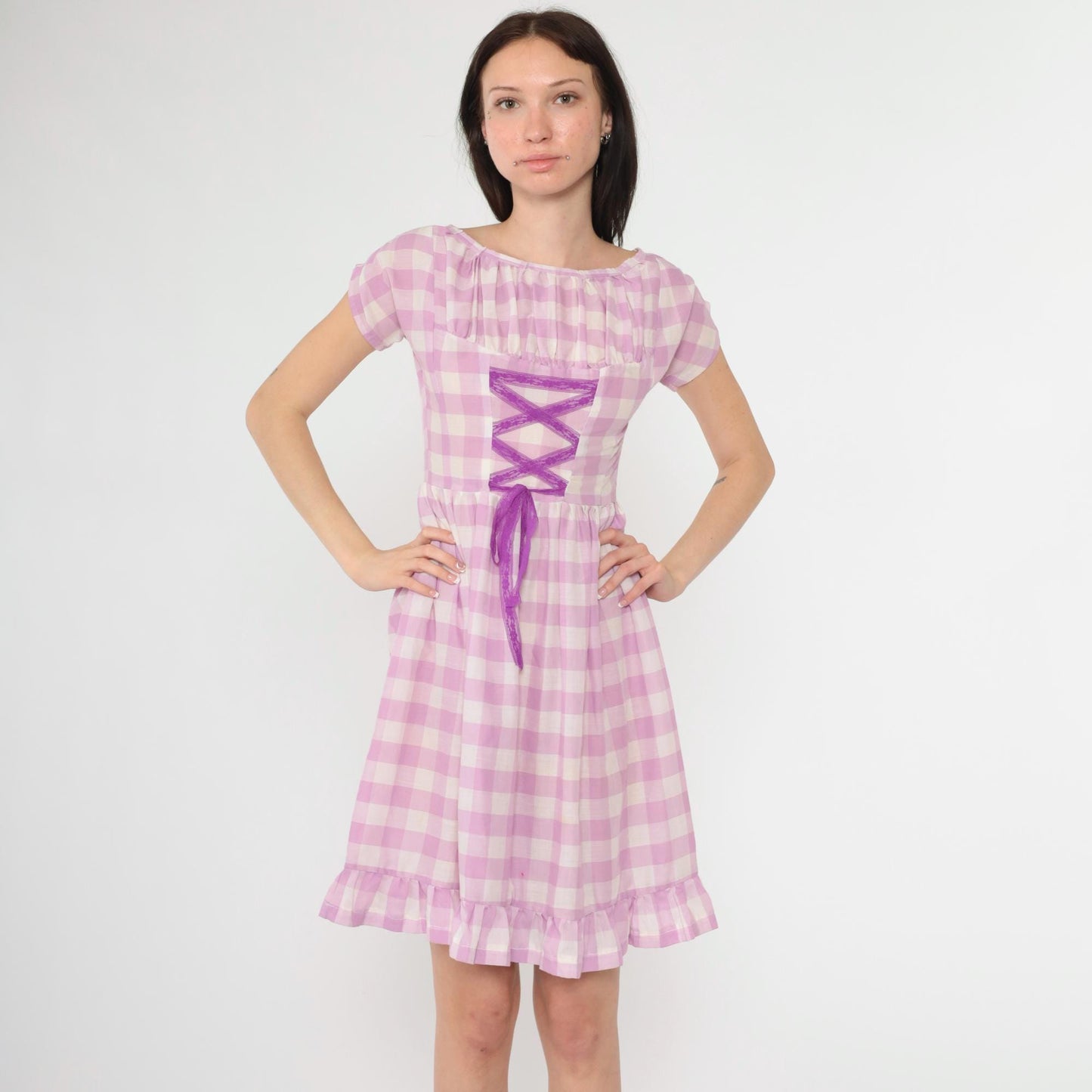 60s Lavender Gingham Mini Dress Lace-Up Corset Cap Sleeve High Waist Extra Small