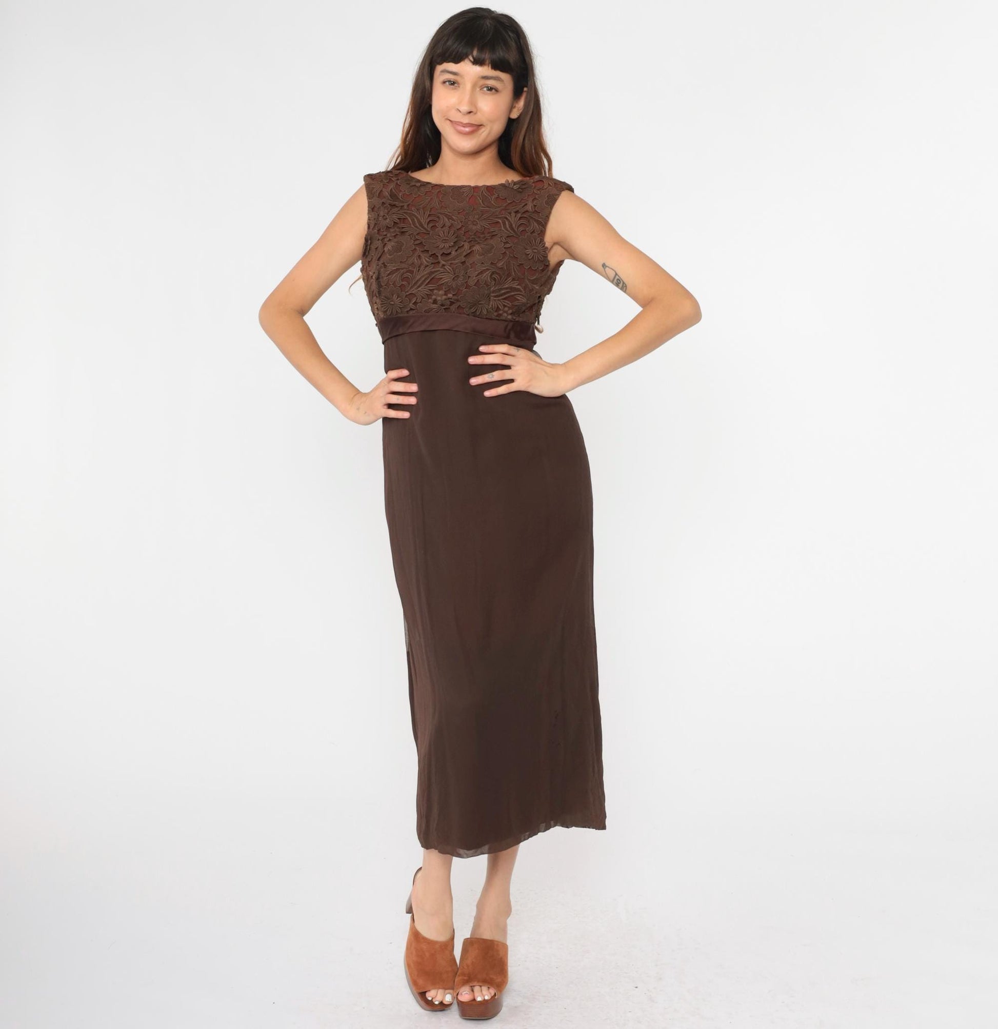 1960s Brown Lace Maxi Dress Empire Waist V Back – Shopexile