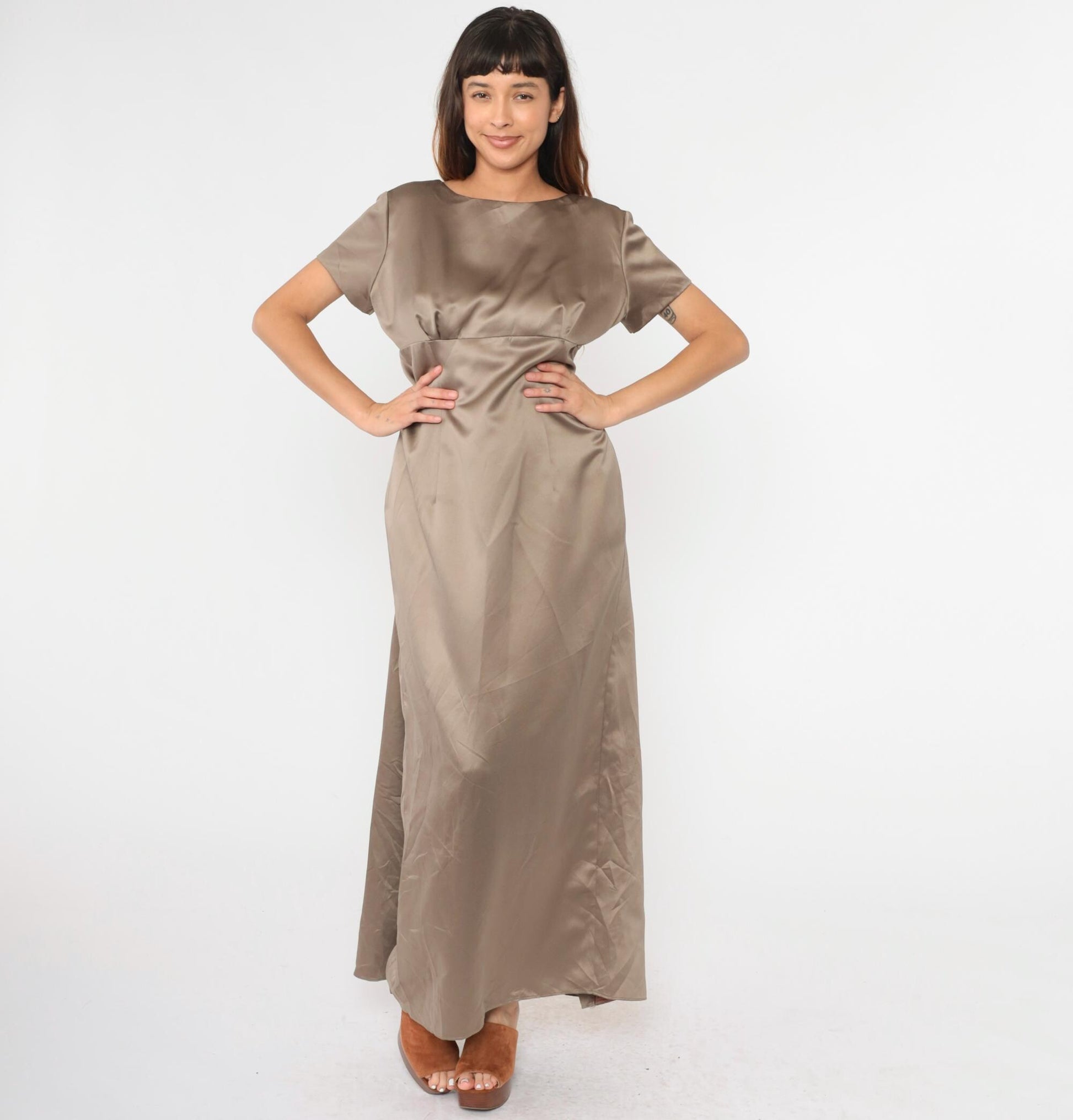 90s Bill Levkoff Satin Maxi Dress Mocha Brown Empire Waist Bow Back Small