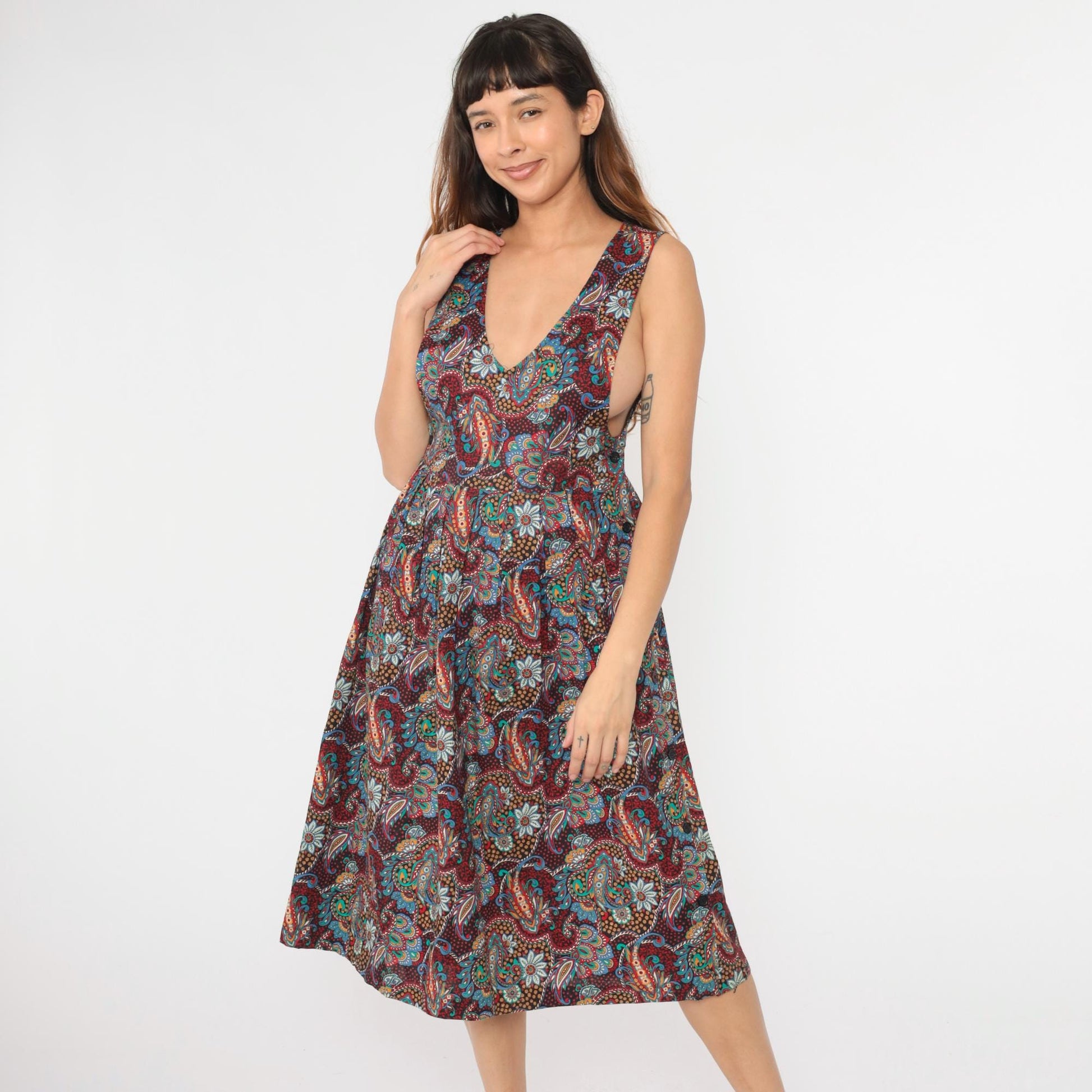 80s Paisley Cotton Midi Pinafore Dress Deep V Neck High Waist Small