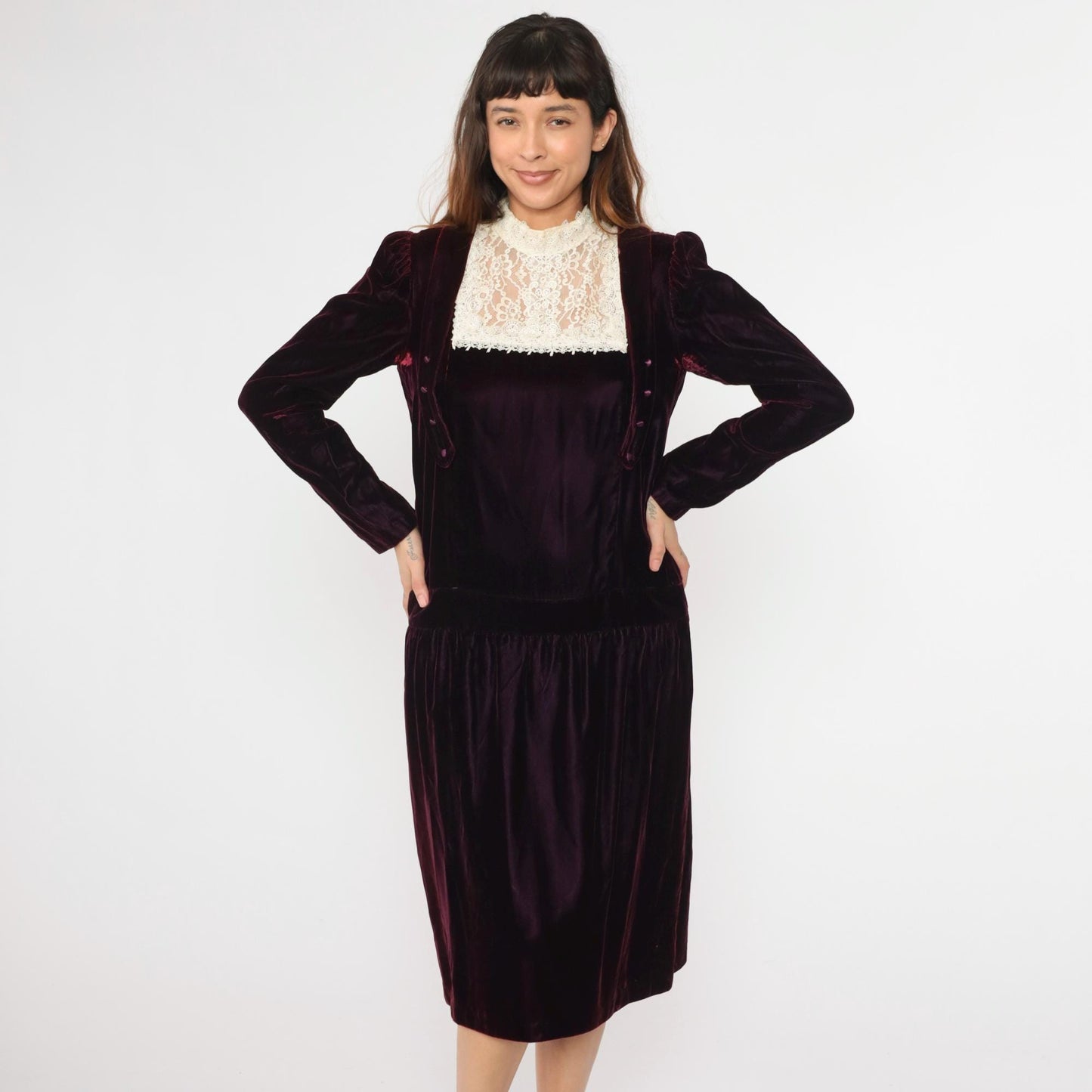 80s Jessica McClintock Purple Velvet Midi Dress Cream Lace High Neck Medium