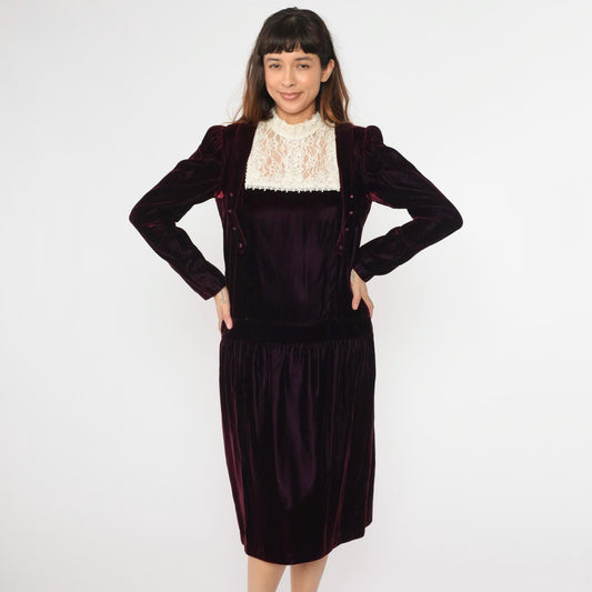 80s Jessica McClintock Purple Velvet Midi Dress Cream Lace High Neck Medium
