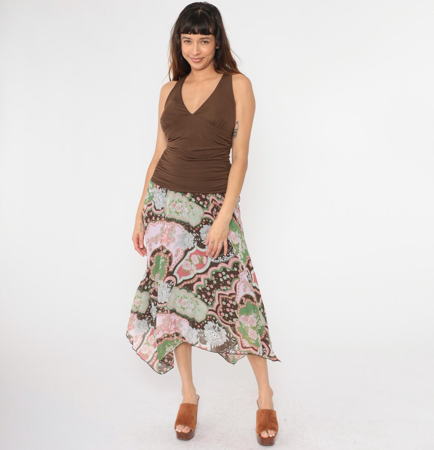Y2K Floral Halter Midi Dress Brown Hanky Hem Drop Waist Sundress Large L