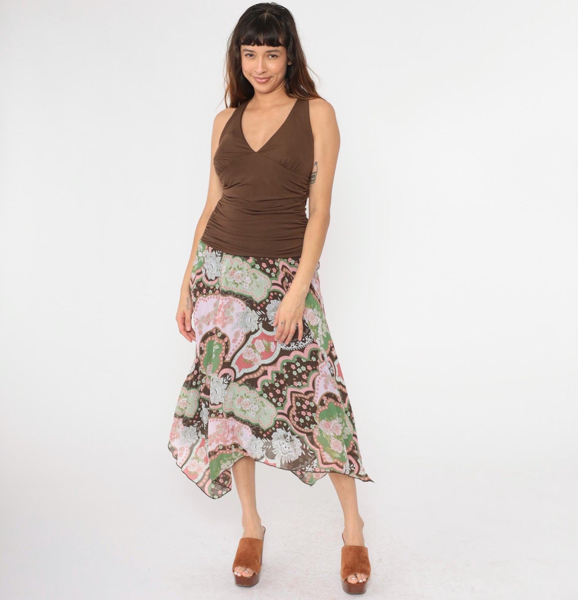 Y2K Floral Halter Midi Dress Brown Hanky Hem Drop Waist Sundress Large L