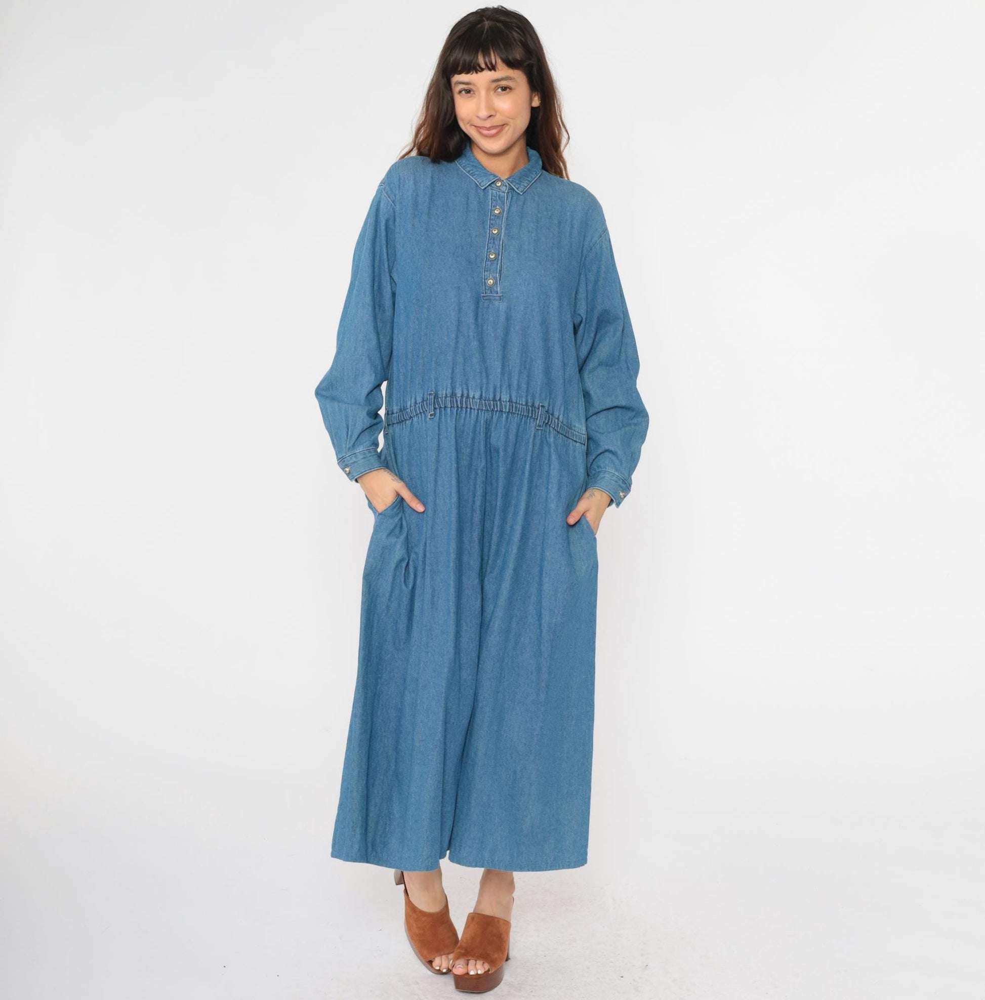 90s Coldwater Creek Denim Shirtdress Blue Jean Midi High Waist Large