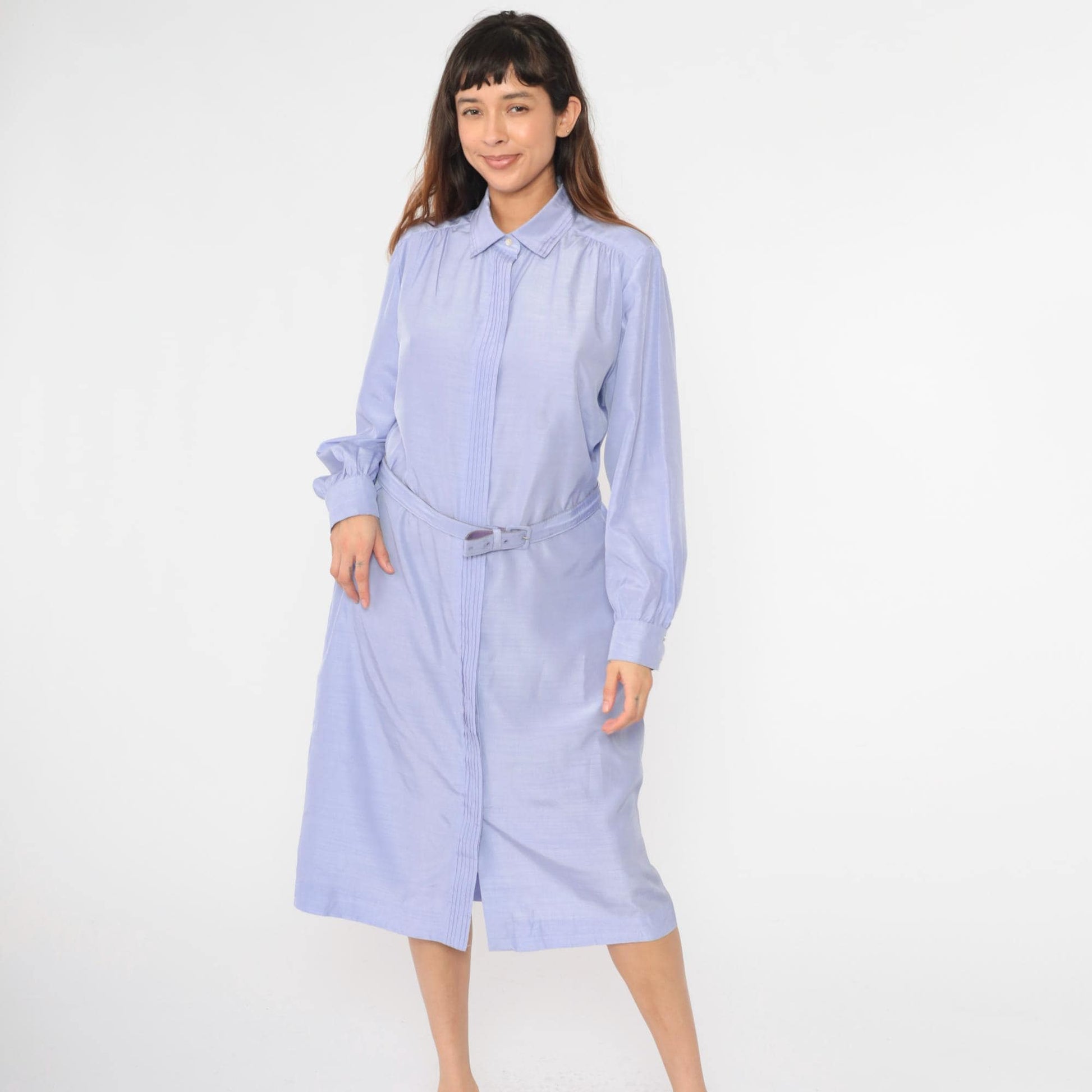 80s Lavender Shirt Dress Pleated Front Belted Midi Button Up Long Sleeve Extra Large XXL