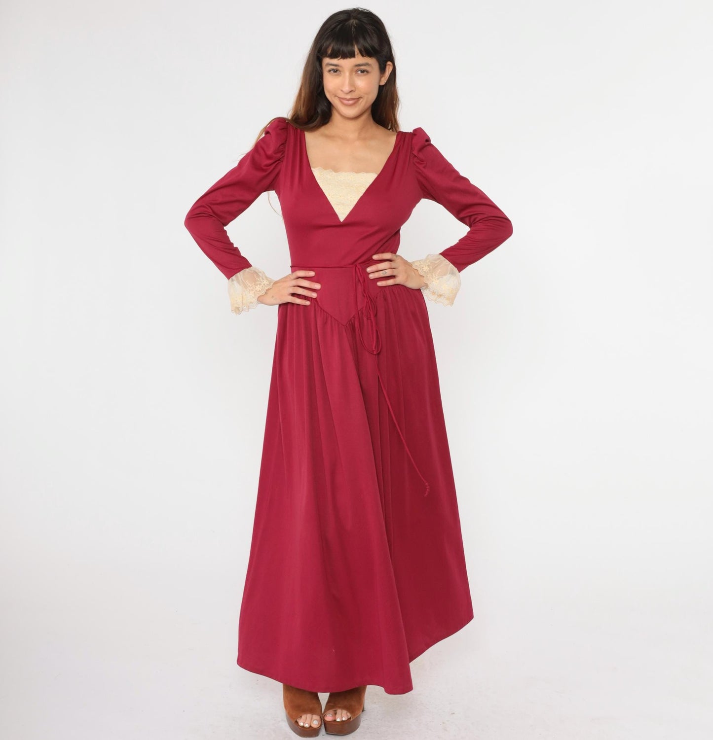 70s Bianchi Raspberry Maxi Dress Puff Sleeve Lace Trim High Waist Small