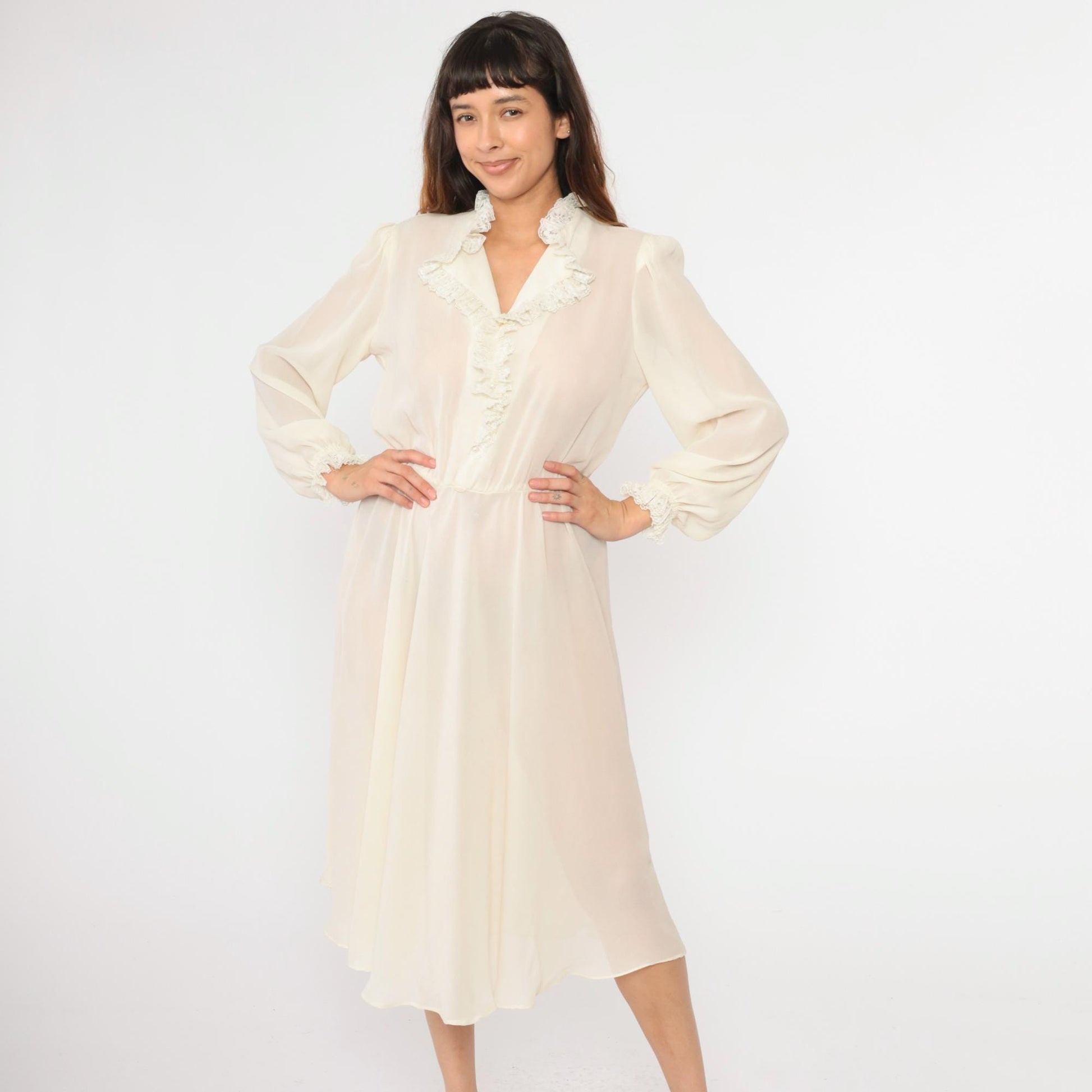 70s White Sheer Midi Dress Pearl Buttons Puff Sleeves High Waist Medium Large